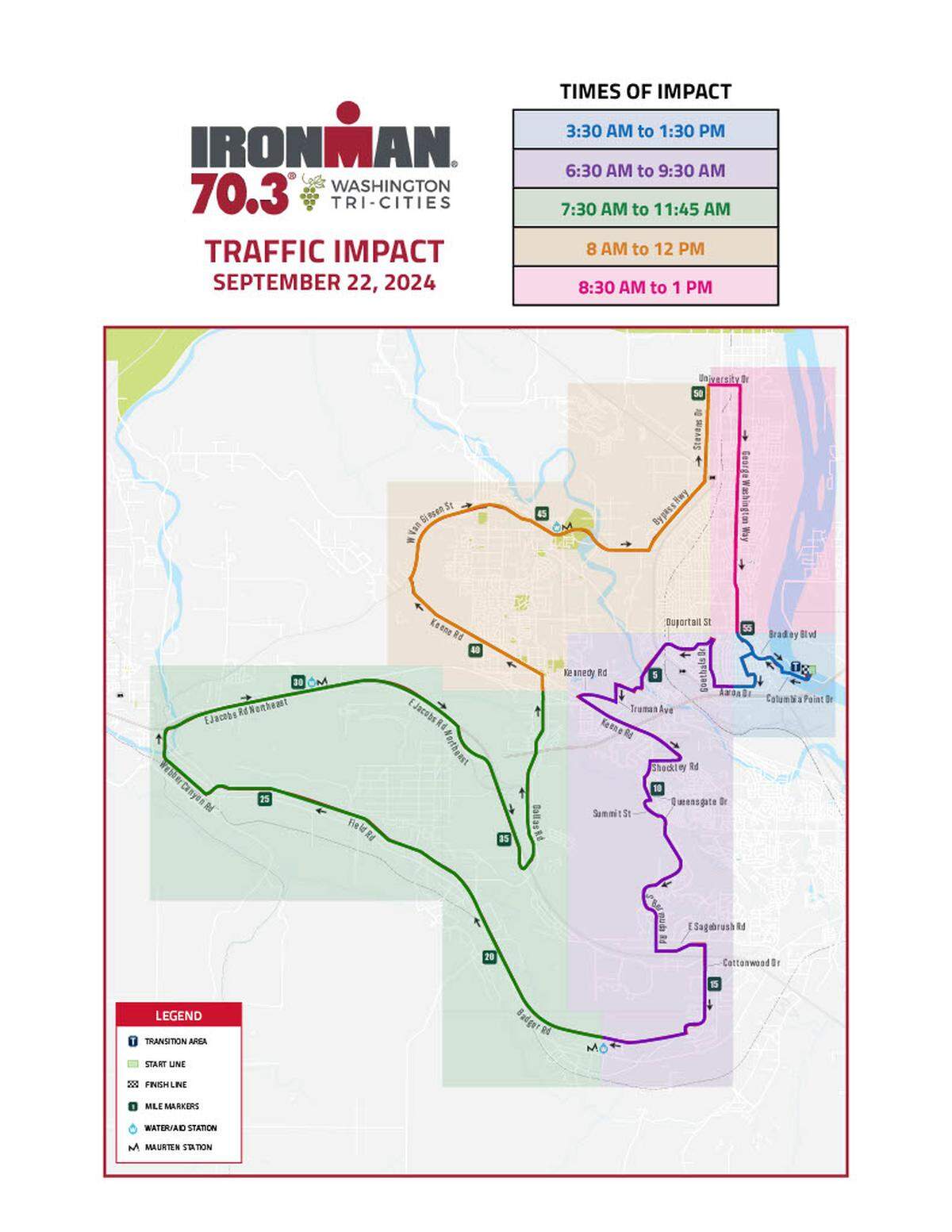 Approximate estimated traffic impacts for the inaugural Ironman 70.3 triathlon in Tri-Cities.