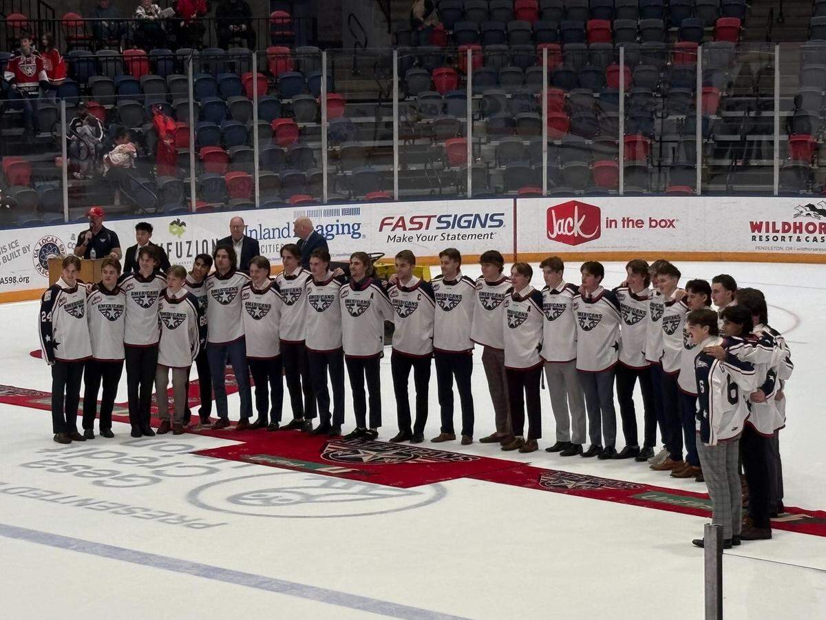 The 2024-25 Tri-City Americans smile for team photos at the end-of-season awards ceremony on March 22.
