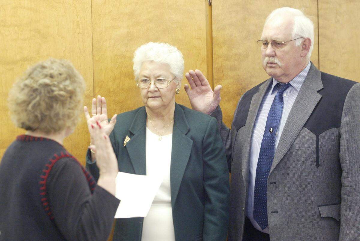 Franklin County Commissioner Neva Corkrum took the oath office in 2004 after being re-elected. She was with the newly elected commissioner, Bob Koch.