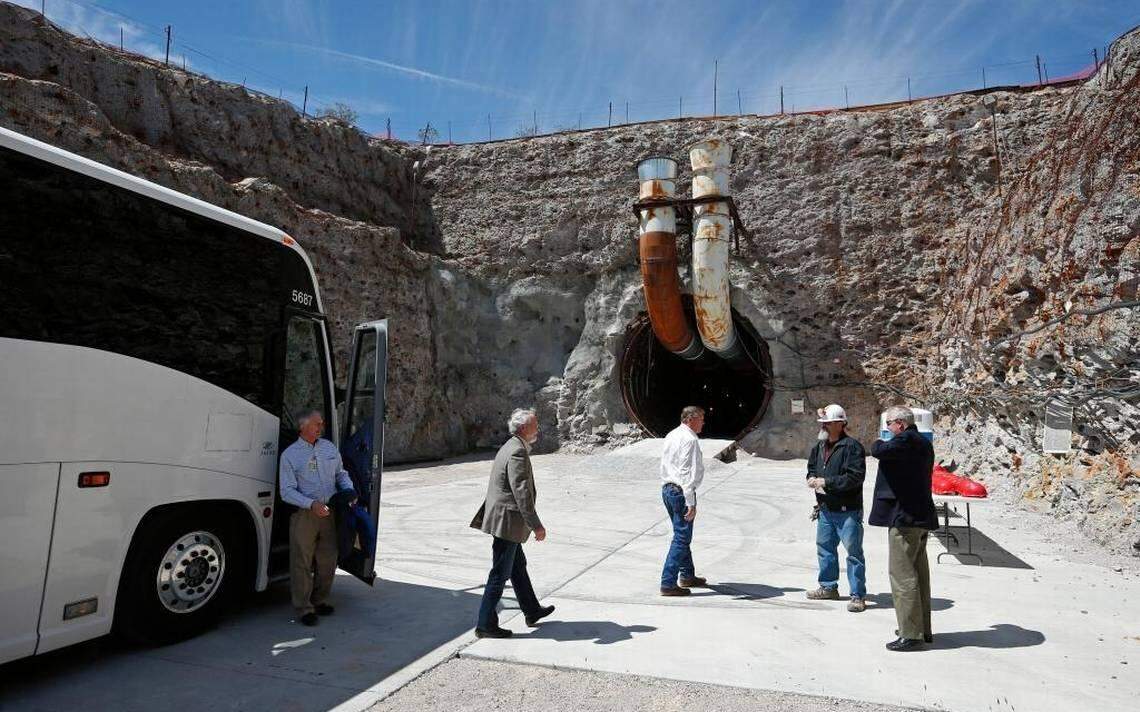 Congressmen, including Rep. Dan Newhouse, R-Wash., second from left, arrive at the south portal of Yucca Mountain, Nev., for a tour in 2015.