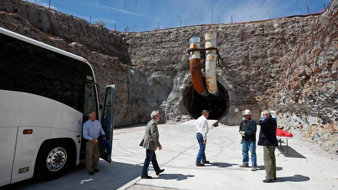 Congressmen, including Rep. Dan Newhouse, R-Wash., second from left, arrive at the south portal of Yucca Mountain, Nev., for a tour in 2015.