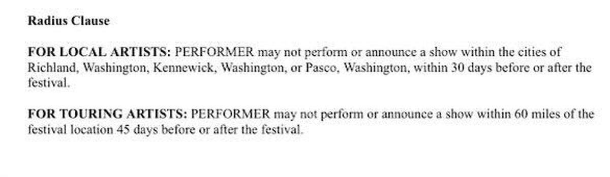 This excerpt from a local band’s final, signed contract for Tri Town Get Down shows a radius clause of 61 days for local artists and 91 for traveling artists. Get Down says it will not be enforcing this clause of the contract.