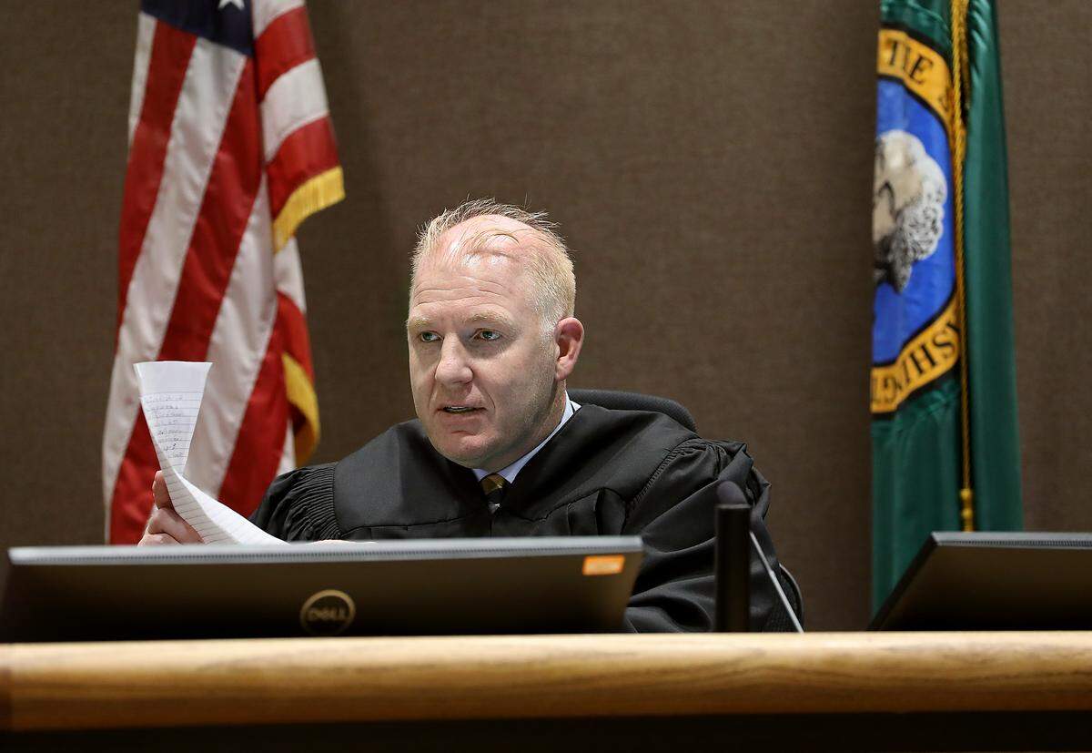 Judge Bronson Brown conducts the sentecing for Kyle S. Pierce in Benton County Superior Court in Kennewick for four counts of indecent liberties for sexually touching female clients in Richland.