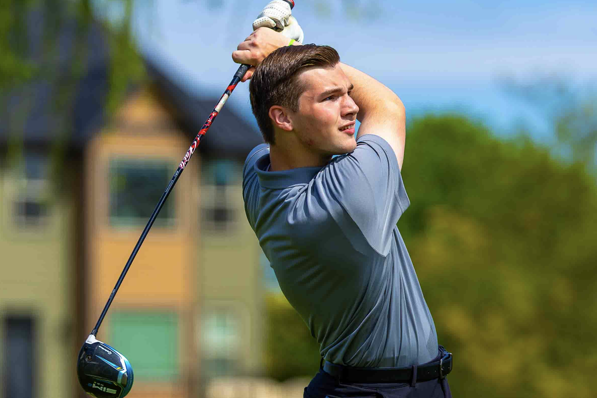 Southridge freshman Christopher Powers tees off on the No. 1 hole during the Mid-Columbia Conference tournament April 24, 2026, at Columbia Point Golf Course in Richland. The Suns’ boys team is in seventh place in conference play.