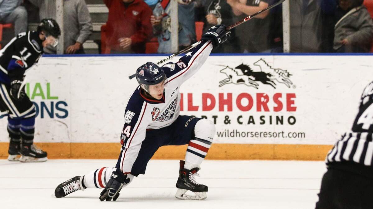 Tri-City’s Sasha Mutala celebrates his first-period goal Wednesday night against the Victoria Royals at Toyota Center.