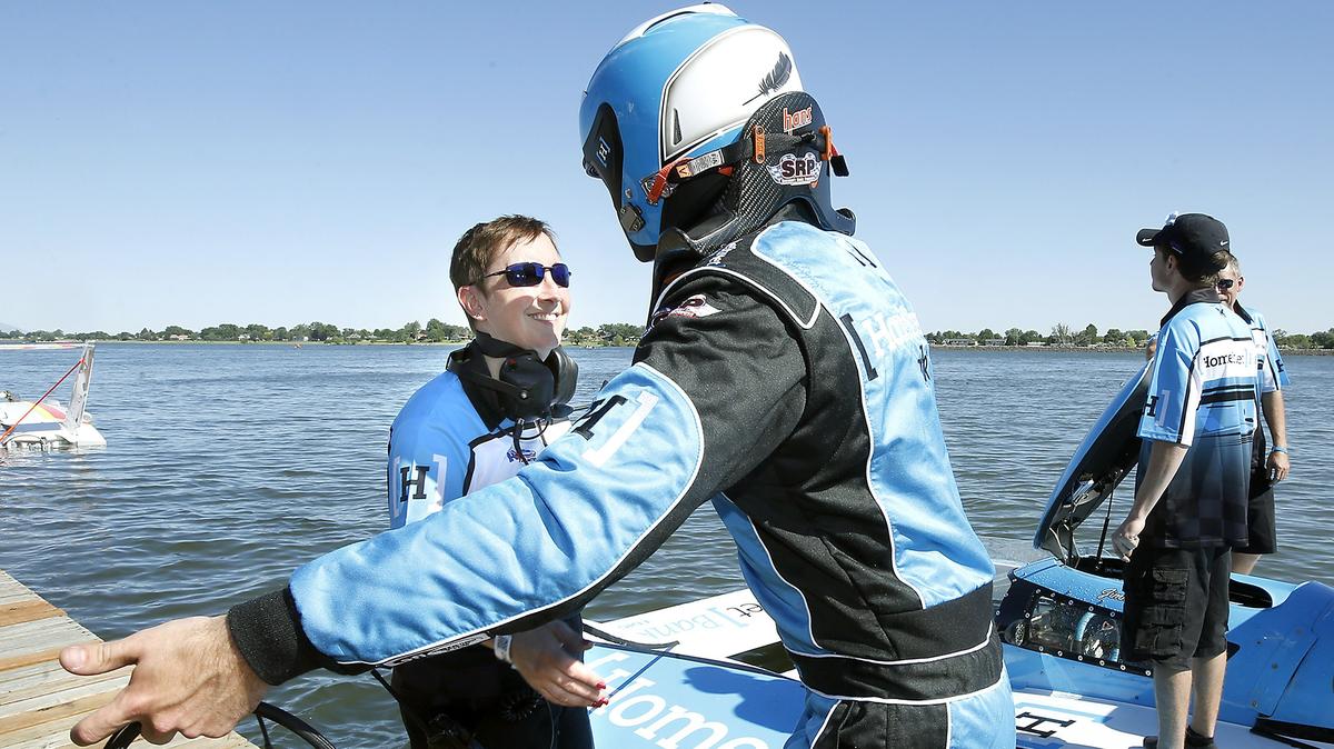 Cindy Shirley, the new crew chief of the Miss HomeStreet unlimited hydroplane, in the first female to hold the role in the sport's modern history. She shares a light moment with driver Jimmy Shane during following their first test run at the recent preseason testing day held on the Columbia River by the Tri-Cities Water Follies.