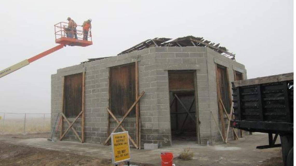 The White Bluffs Bank, empty since the Manhattan Project claimed Hanford land during World War II, has been restored, including having the roof removed and replaced.