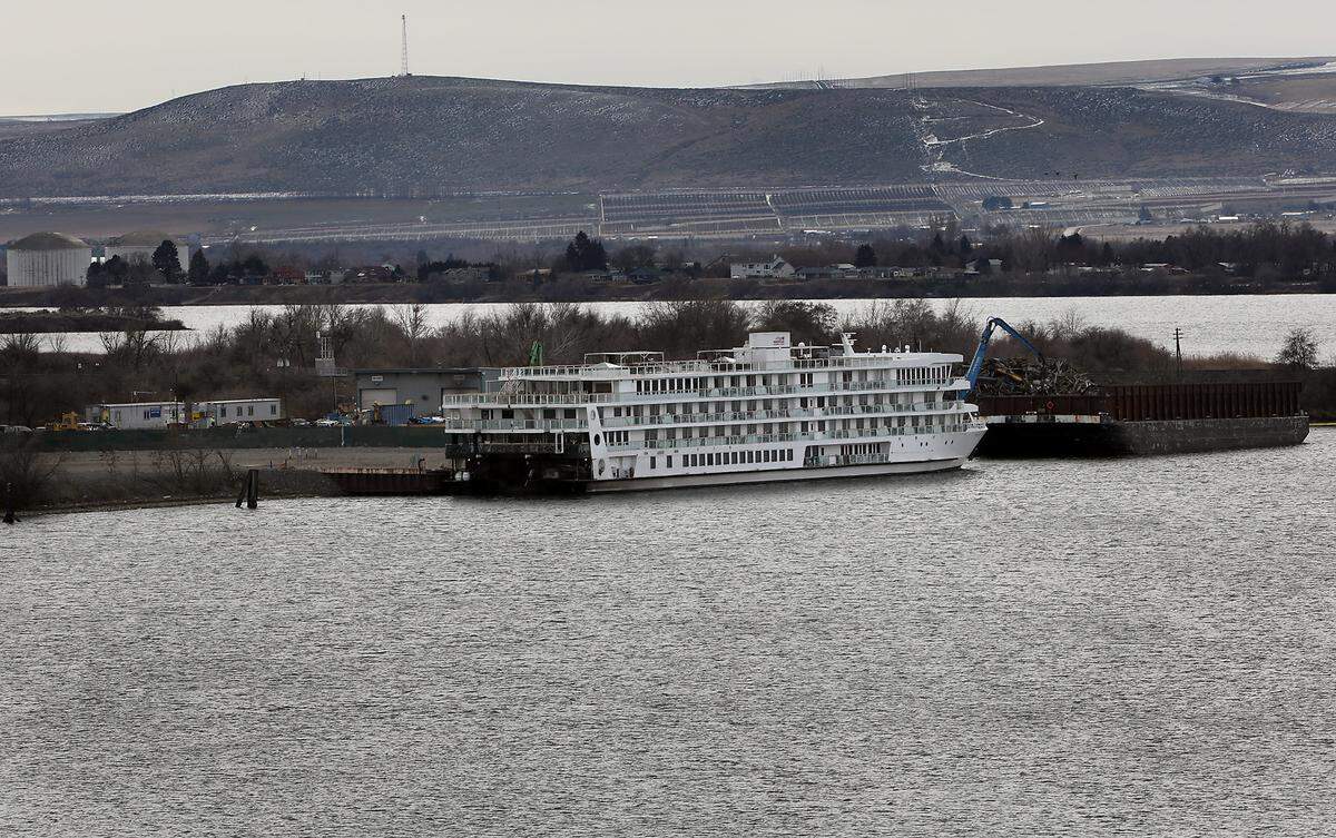 The American Song, part of the American Cruise Lines river cruise fleet, is moored on the Snake River at the Port of Walla Walla high dock facility in Burbank.