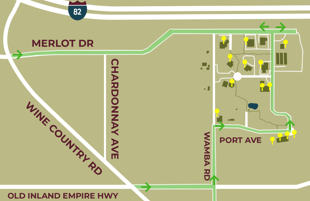 This map shows the roads and businesses within Vintner Village in Prosser, Washington. On the Vinters Village website, the map is interactive.
