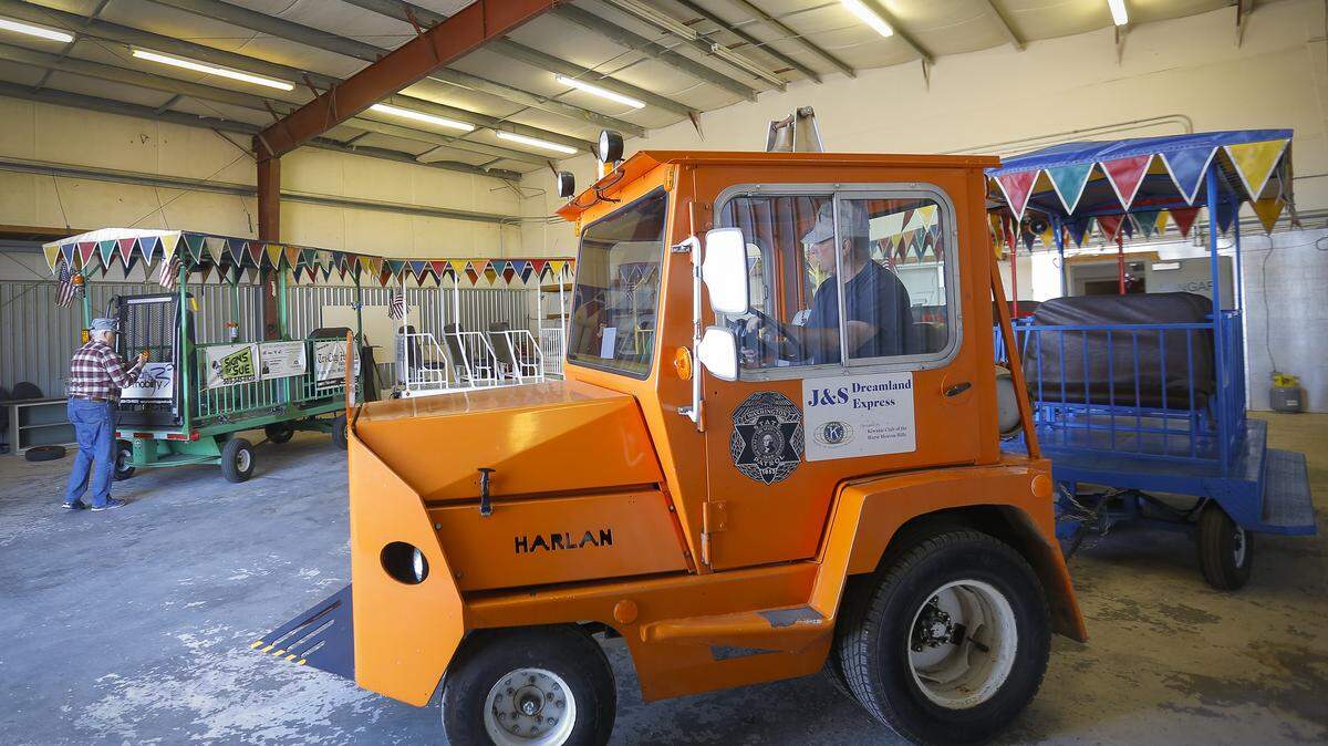 Jim Roberson drives the J&S Express out of the old Vista airport hanger in Kennewick. 