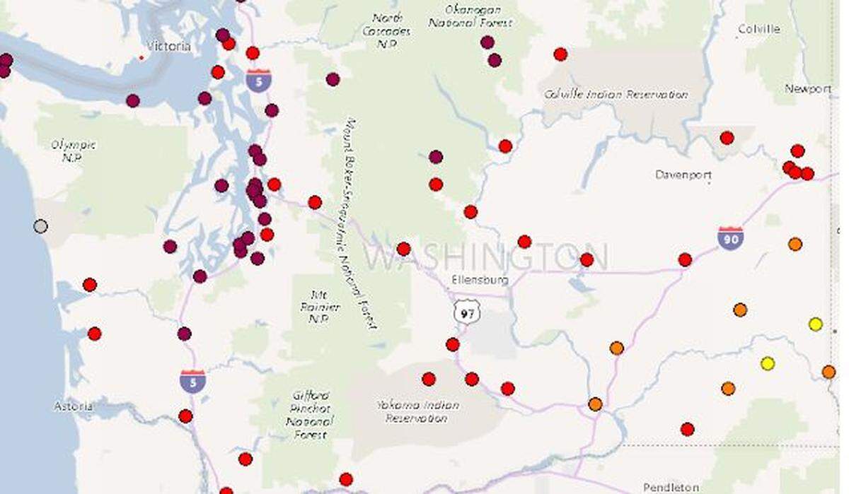 Air quality improved to “unhealthy for sensitive groups” Tuesday morning in the Tri-Cities, as shown by the orange dot. The darker the dot on the map, the worse the air quality.