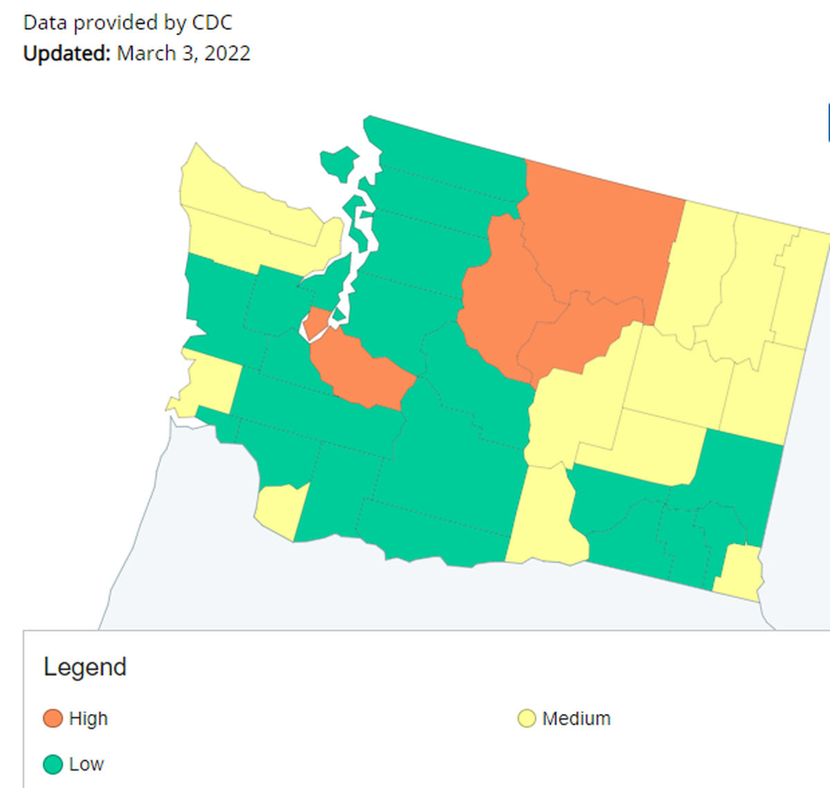 The Centers for Disease Control and Prevention puts the community level of COVID-19 in Benton County at medium and at low in Franklin County.