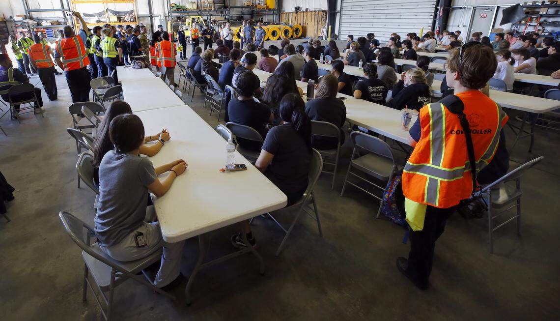First responders and other participants in Wednesday morning's training exercise at the Tri-Cities Airport in Pasco, including 77 mock airplane crash victims who were Tri-Tech Skllls Center high school students.