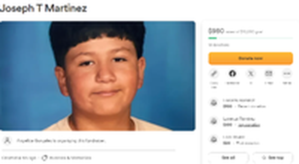 A screenshot of a GoFundMe online fundraiser for the family of shooting victim Joseph Martinez, 13.