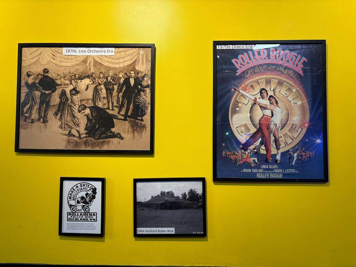 Rollarena owner Alan Bacon maintains a wall of roller skating history along one of the facility’s walls. It starts with the first patented inline skate in 1819 and progresses through the 2010s. One photo shows the multiuse tent at Hanford that was occasionally used for skating before the Rollarena opened.