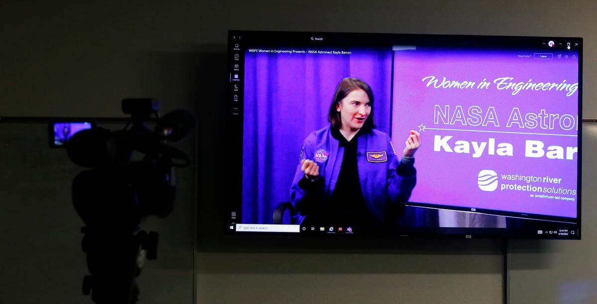 NASA astronaut Kayla Barron, a Richland High School graduate, appears on a livestream interview for a Women in Engineering program hosted by Washington River Protection Solutions in Richland.