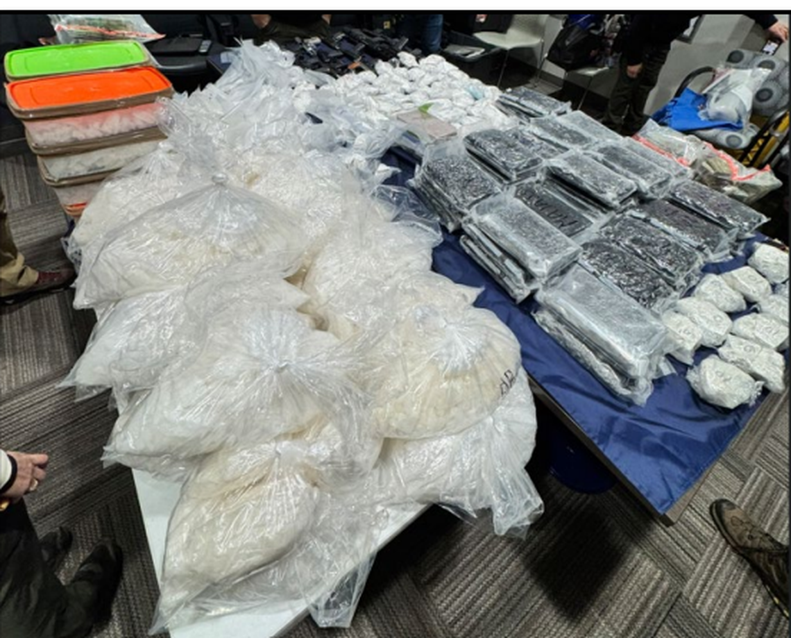 More than 164 pounds of powdered fentanyl and 200 pounds of methamphetamine were seized at residences across the Tri-Cities on March 3, 2026. It was the largest seizure of illicit drugs in the history of the Eastern Washington District Attorney’s Office. Some of the drugs seized are shown.