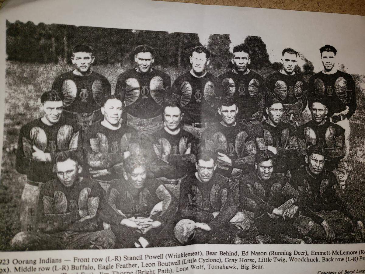 The 1923 Oorang Indians, an NFL franchise in Ohio, featured legendary player-coach Jim Thorpe, third from left in the back row, and Leroy Gray Horse, third from right in the middle row. Gray Horse is buried in Pasco.