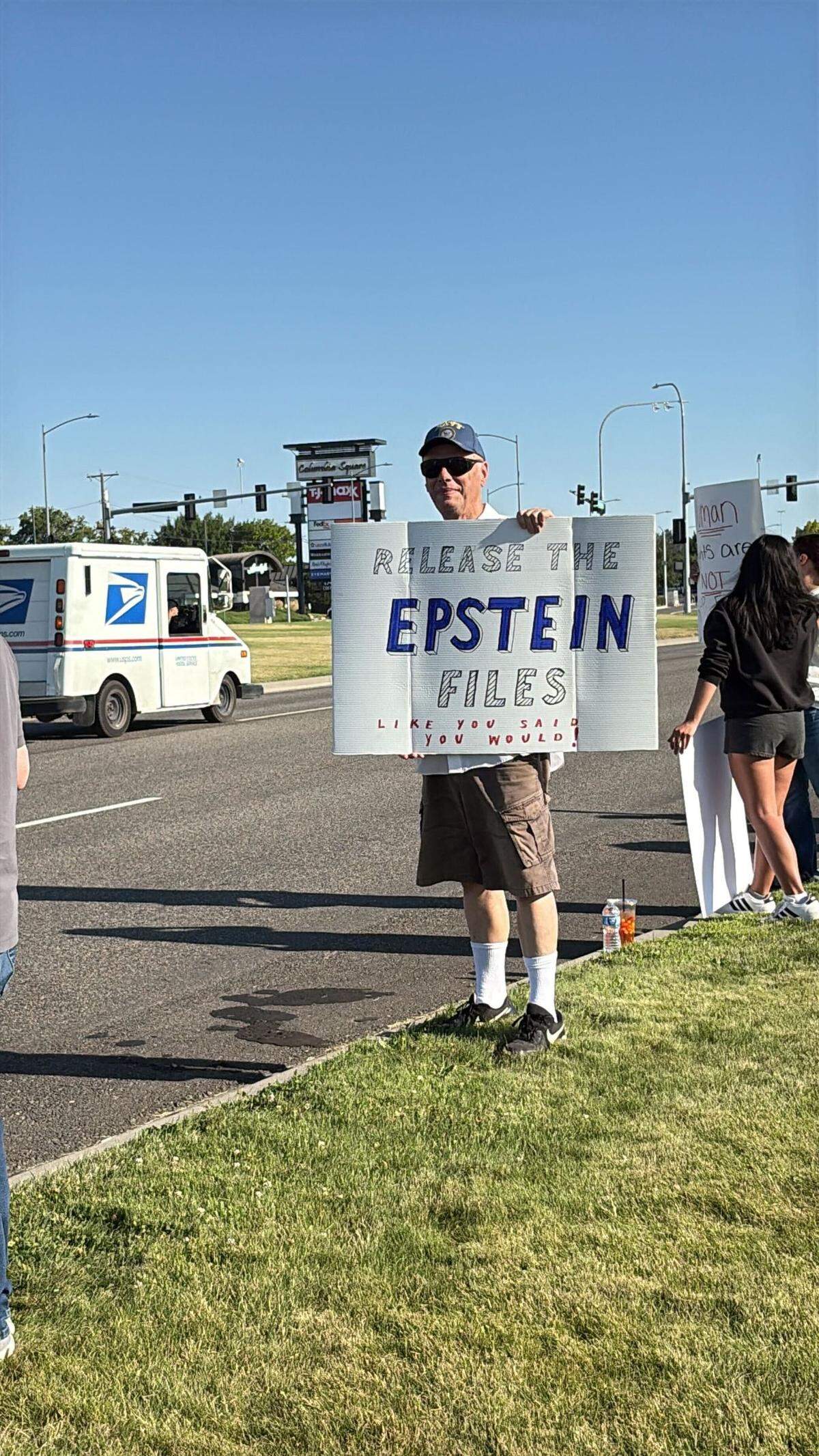 Several protesters at the “Good Trouble Lives On” national day of action demonstration in Kennewick, Wash. called for the release of the Epstein files.