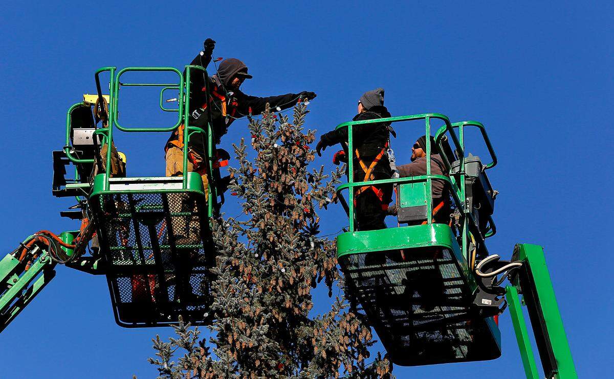 Richland city workers place Christmas lights on the nearly 50-foot evergreen at John Dam Plaza along George Washington Way.