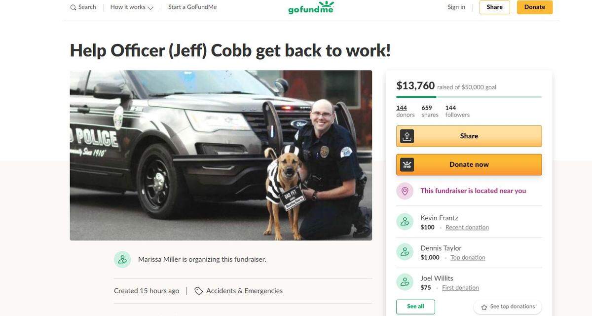 A GoFundMe campaign is raising money to help with Pasco Officer Jeff Cobb’s medical bills.