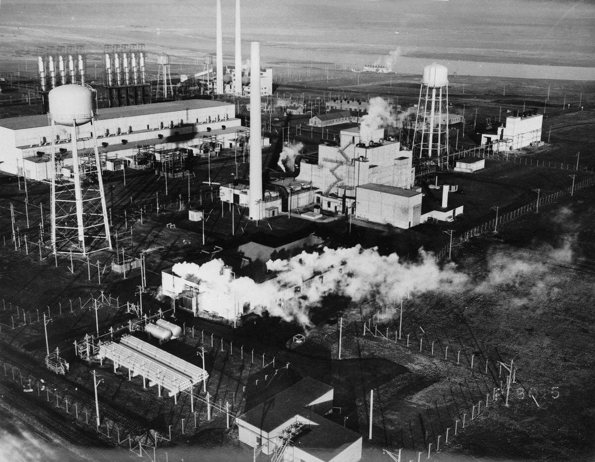 Hanford’s B Reactor, the world’s first full-scale production reactor, is shown from the air in 1944.