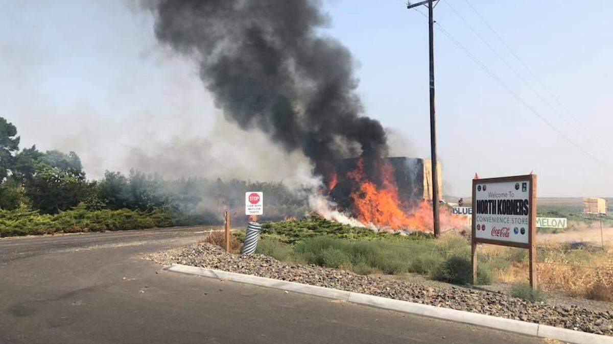 A fire destroyed a trailer hauling straw Wednesday on Vineyard Drive near Highway 395.