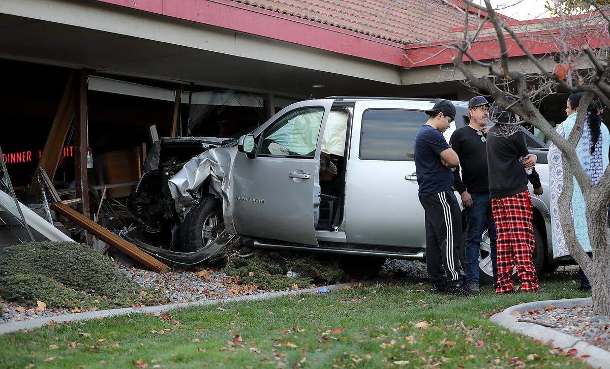 A Chevrolet pickup slammed into a Denny’s restaurant after being struck by a car at the intersection of Highway 395 and West Kennewick Avenue.