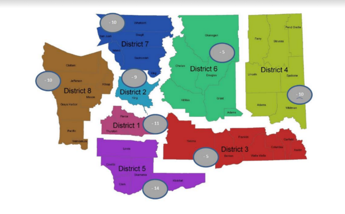 The Washington State Patrol has 74 fewer commissioned personnel, including troopers, sergeants and a captain, after the deadline for the COVID-19 vaccine mandate. This map shows where they worked.