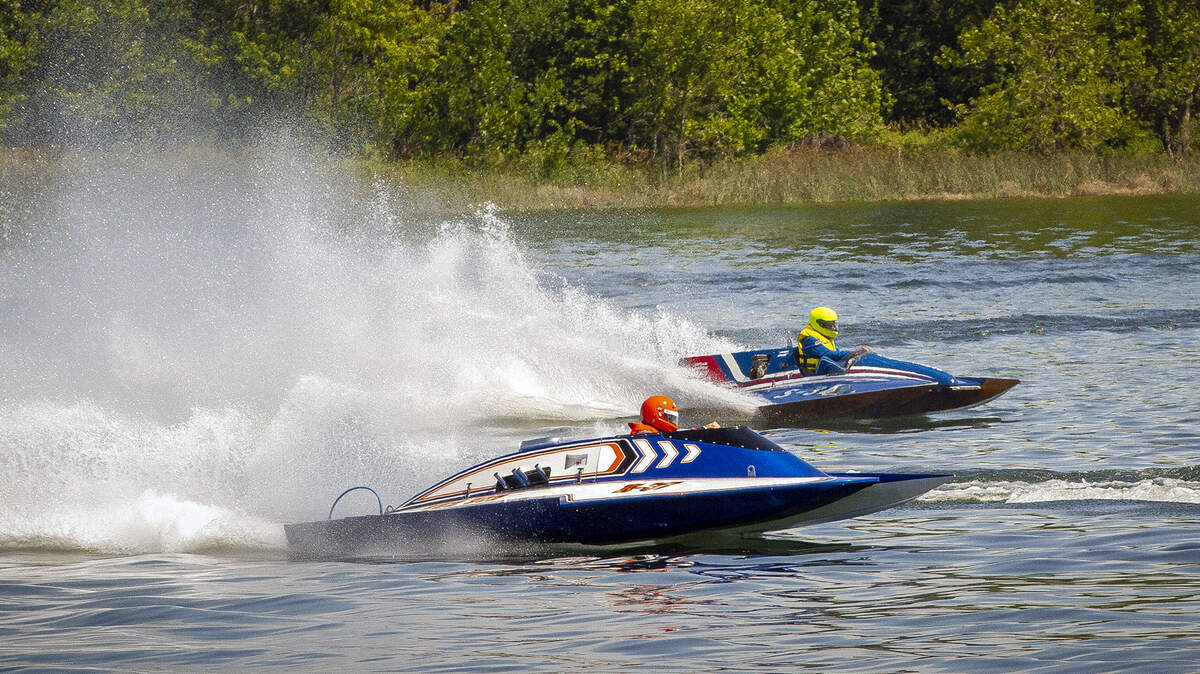 Hydroplanes take off during the Richland Regatta races in 2019. A racer died after being thrown from his boat in the 2021 races in Richland.
