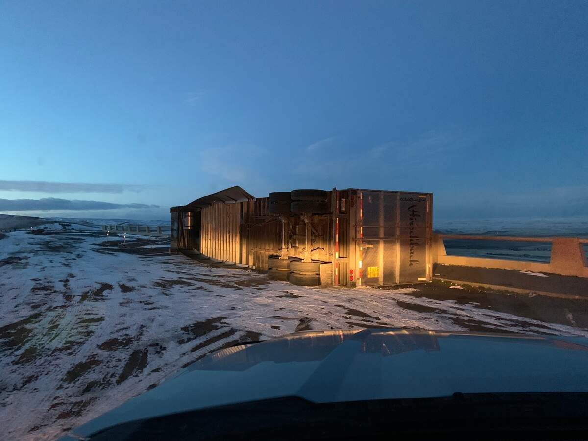 High winds blew over a semi truck on Interstate 84 near the viewpoint on Cabbage Hill east of Pendleton, Ore., early Monday morning.