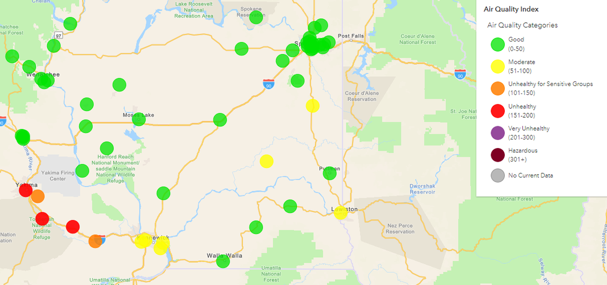 The Washington Department of Ecology’s air quality map showed the results of smoke drifting down the Yakima Valley toward the Tri-Cities on Thursday afternoon.