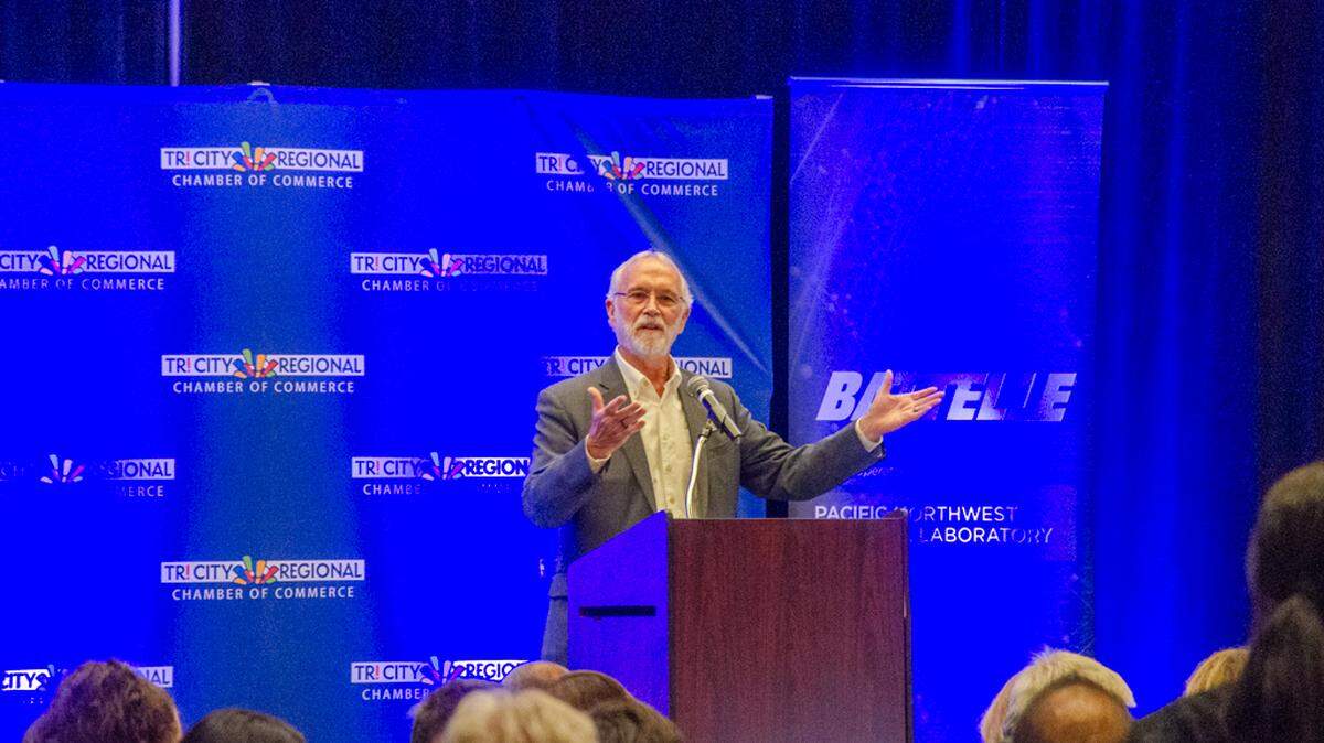 U.S. Rep. Dan Newhouse speaks to about 300 at the Tri-City Regional Chamber of Commerce on a range of issues from Medicaid, nuclear energy, farm labor and the Epstein files.