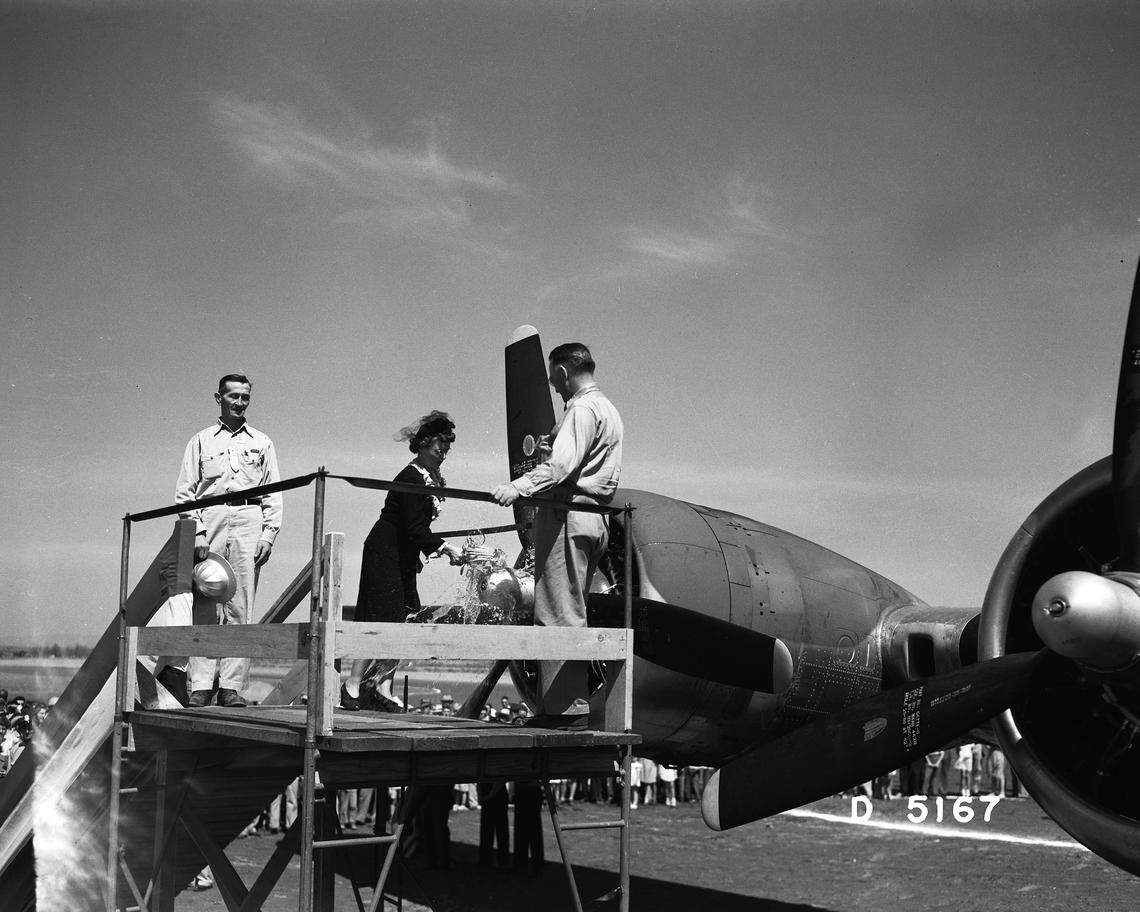 Day’s Pay is christened July 23, 1944, by Kate Harris, a Hanford employee whose son was killed in Germany.