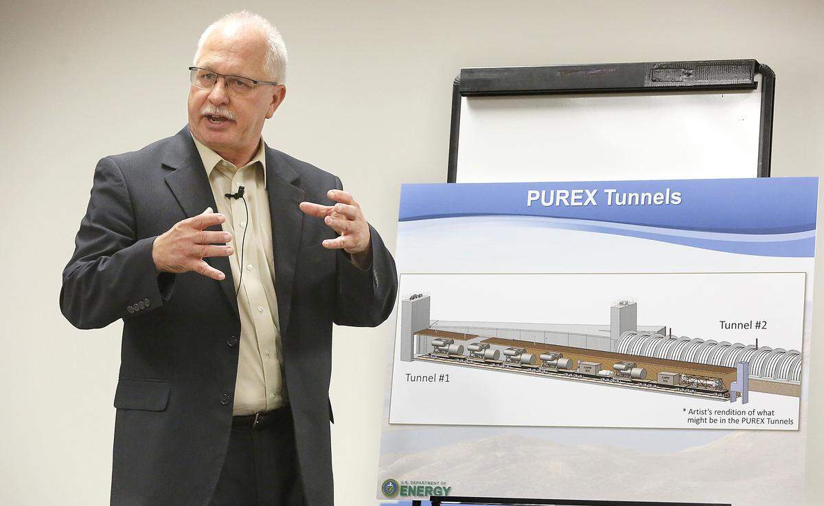 Doug Shoop, manager of Department of Energy Richland Operations Office, discusses Hanford’s radioactive waste storage tunnels in 2017 after one of the tunnels partially collapsed.