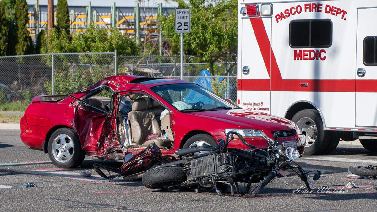 His motorcycle collided with a car at Fourth Avenue and “A” Street in Pasco on Tuesday.