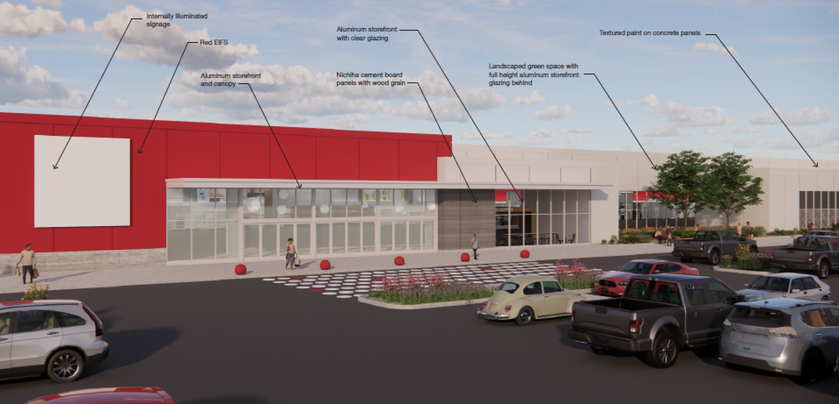 The city of Pasco is considering a 128,000-square-foot unnamed retail store that would feature round, red sidewalk bollards.