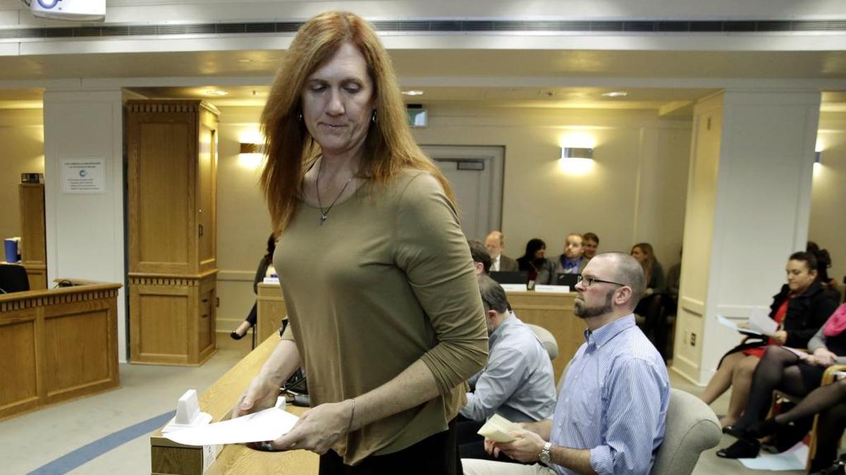 In this photo from Jan. 27, Kathryn Mahan of Puyallup, who identifies as a transgender woman, stands after testifying at the Capitol in Olympia in opposition to a bill that sought to eliminate Washington’s rule allowing transgender people use gender-segregated bathrooms and locker rooms in public buildings consistent with their gender identity.