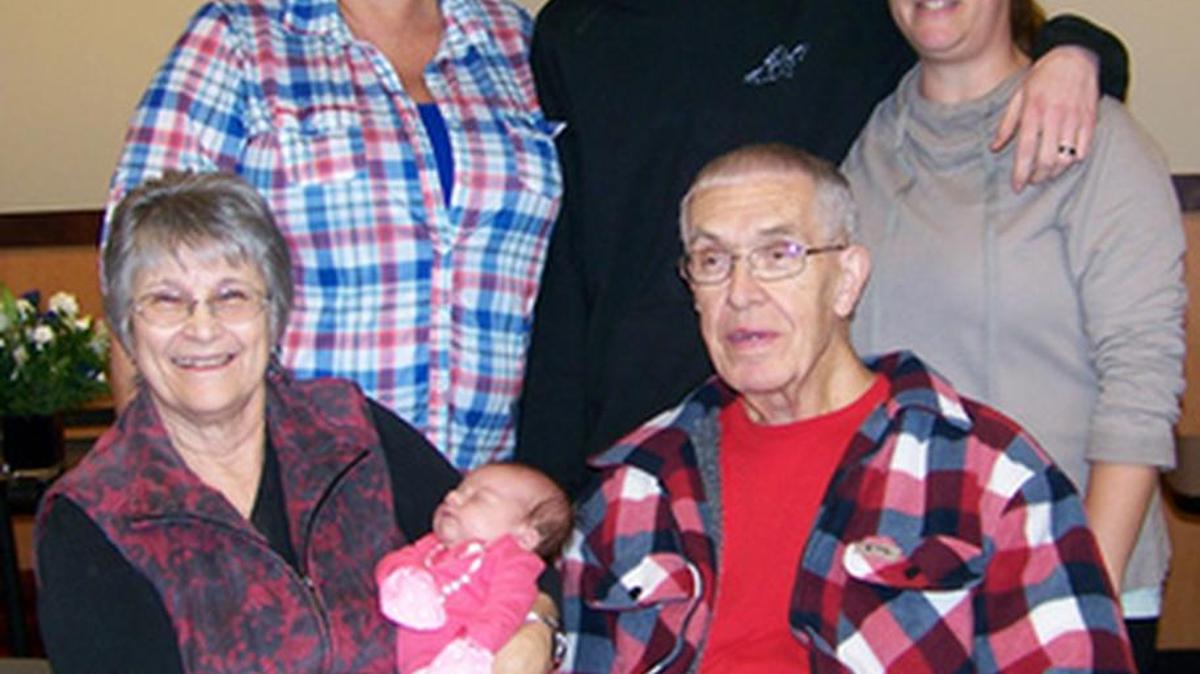 A five-generation picture was taken at the 60th anniversary party of Betty and Ted Cluck of Richland. Back Row, from left: Sue Deibert, great-grandmother, of Benton City; Damon Smith, father, of Pasco; and Jenn Dawkins, grandmother, of Richland. In front holding baby Jaelynn Smith is great-great-grandma Betty Cluck with great-great grandfather Ted Cluck. Jaelynn was born on her great-grandmother’s birthday.