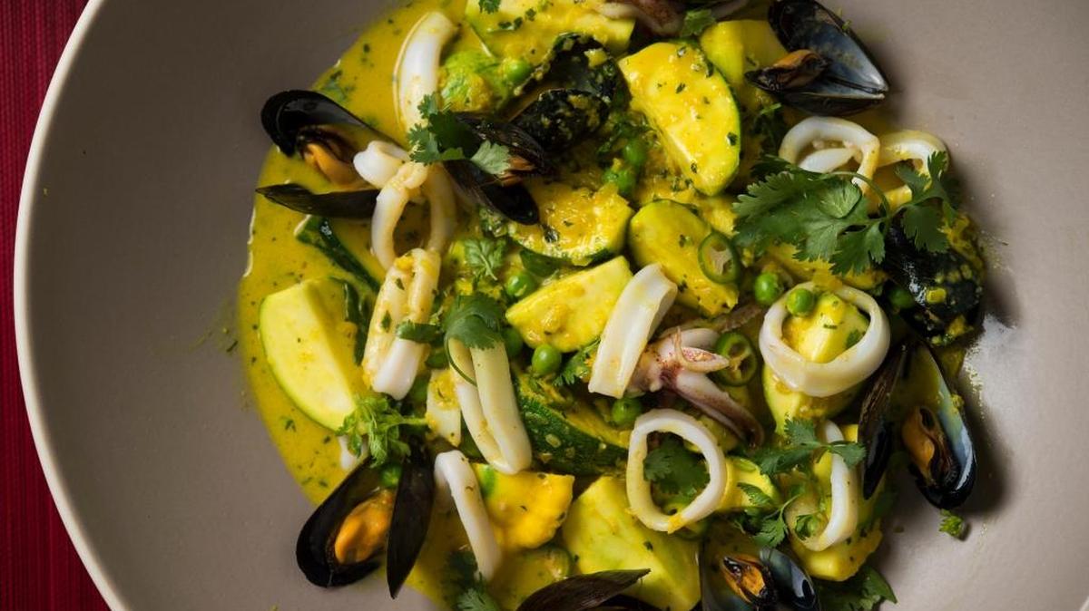Summer squash curry with squid and mussels.