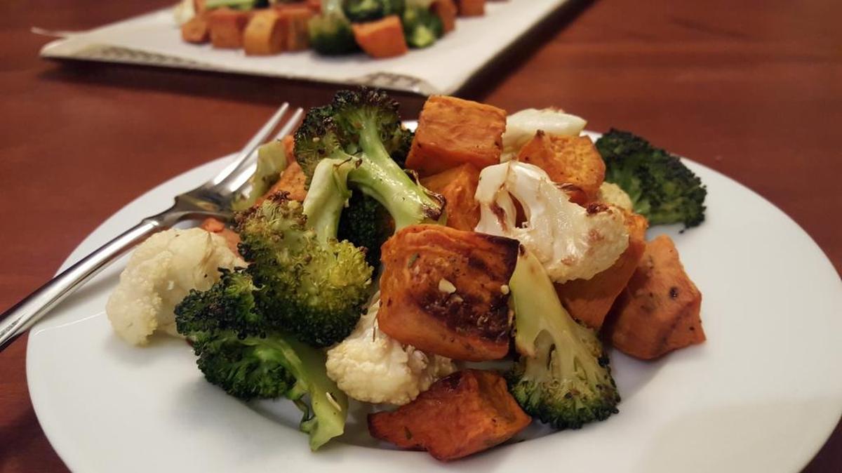 Colorful roasted vegetables.