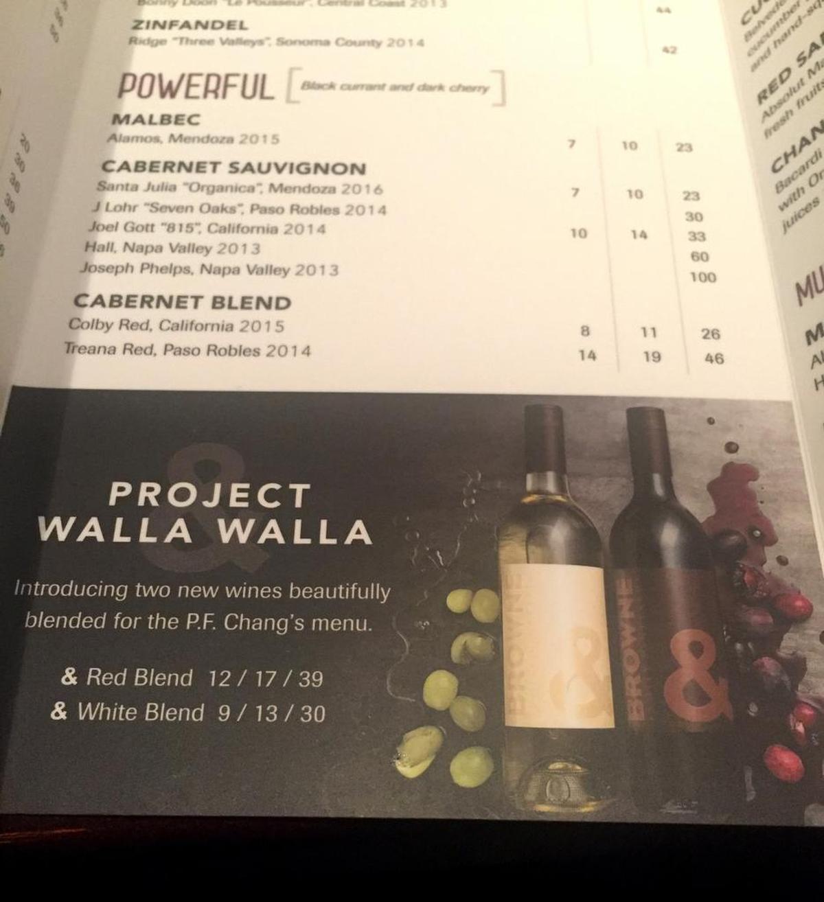 The Project Walla Walla wines are available in P.F. Chang’s restaurant’s nationwide.