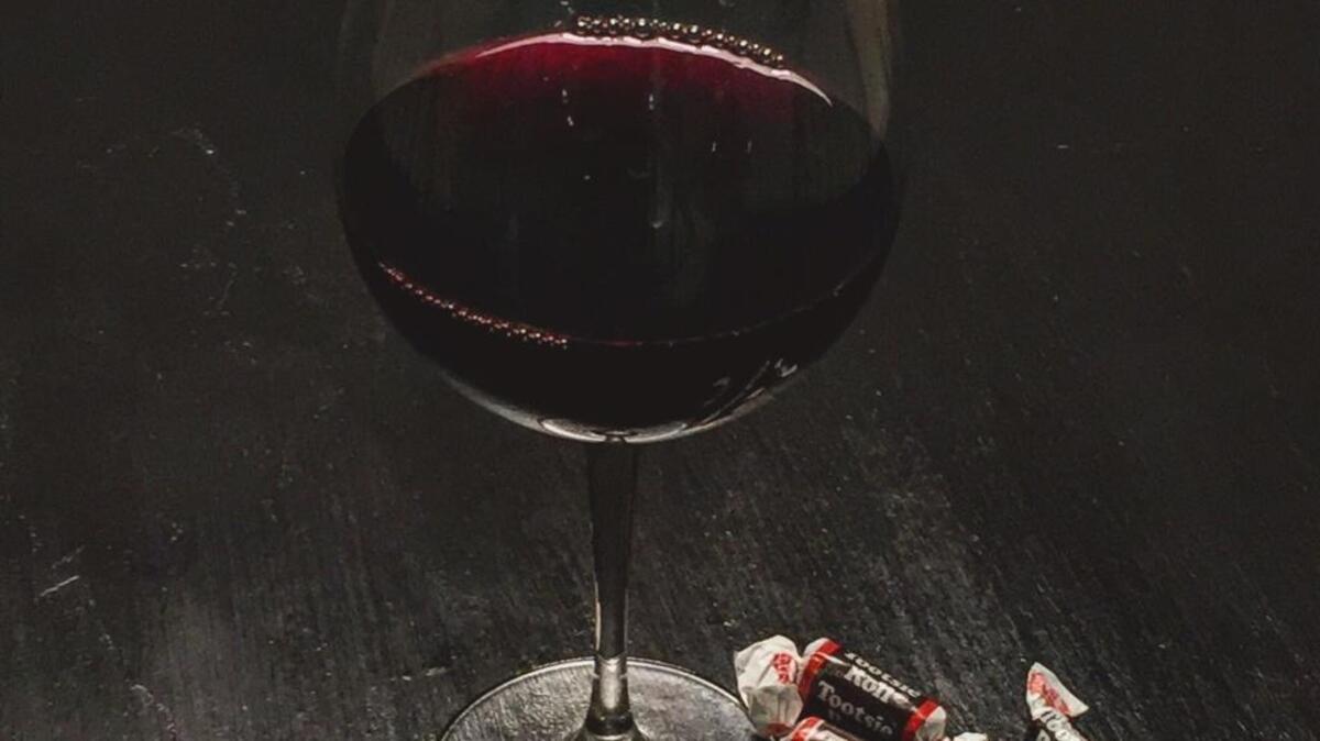 A red blend wine and Tootsie Rolls, a perfect pairing.