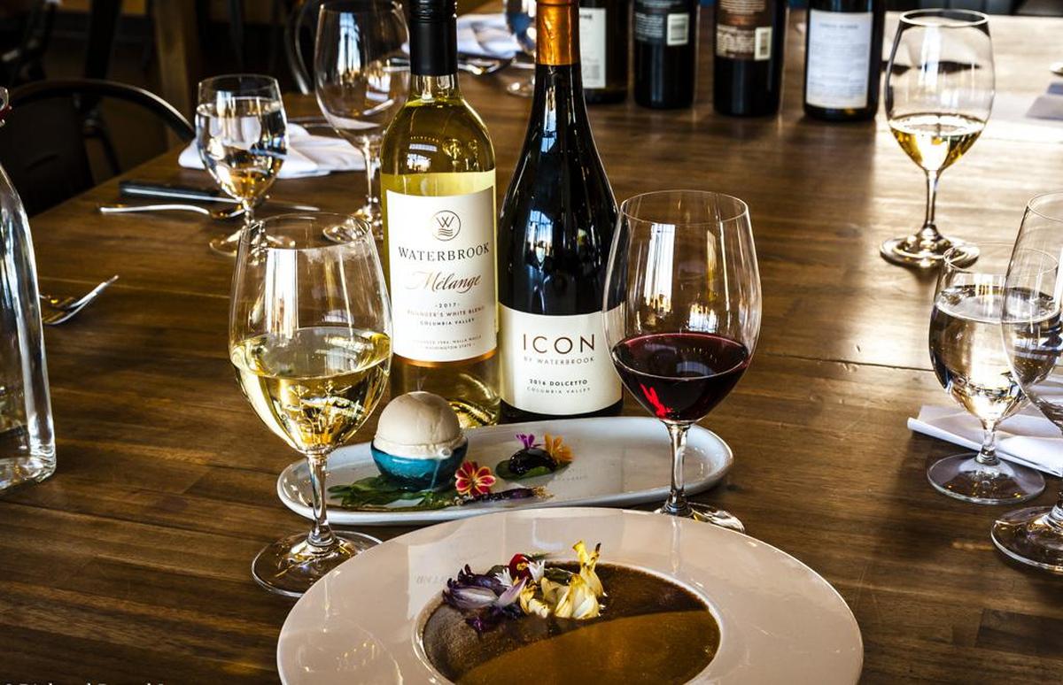Opposite Soup featuring Walla Walla Sweet Onions is paired with Icon by Waterbrook 2016 Dolcetto, and Waterbrook Wine Ice Cream is served with Waterbrook 2017 Mèlange Founder’s White Blend at Waterbrook Winery in Walla Walla, Wash.