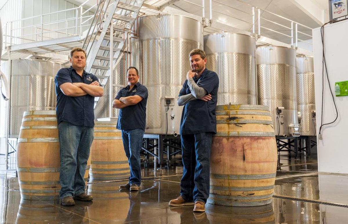 Griffin Frey and co-founders Corey Braunel, center, and Chad Johnson head up the winemaking team at Dusted Valley Vintners in Walla Walla, Wash.