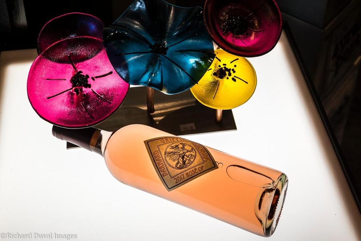 Two works of art are on display at the Barnard Griffin tasting room in Richland, Wash., the award-winning 2017 Rosé of Sangiovese and fused glass from db Studio.