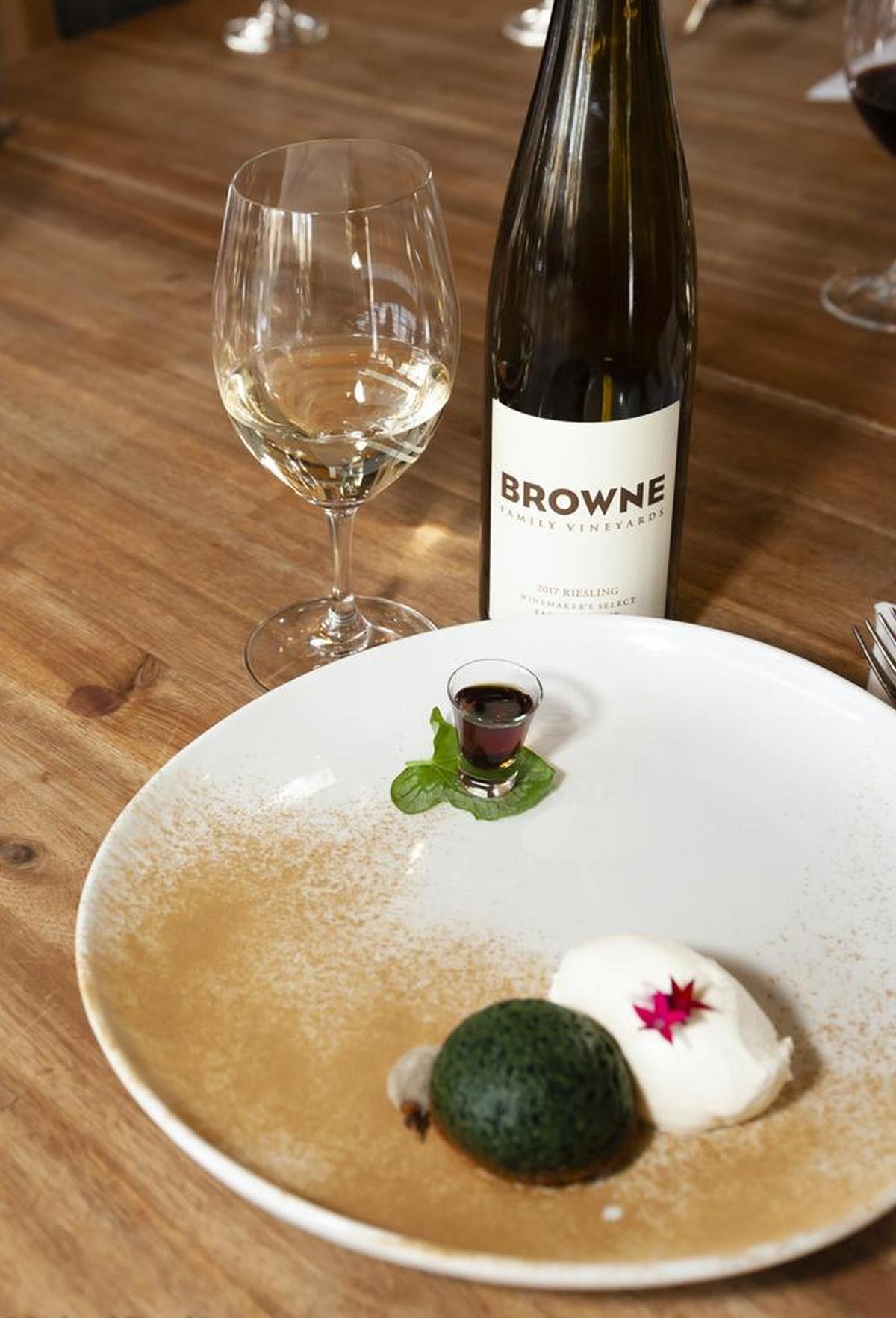 The culinary team at Precept Wine pairs its Browne Family Vineyards 2017 Riesling with Artichoke Almond Cake by Walla Walla chef Sierra Grden.