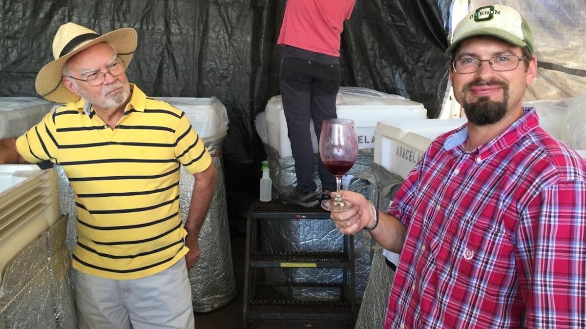 Owner/founder Earl Jones, left, and winemaker Andrew Wenzl taste through fermentations at Abacela in Roseburg, Ore. Their 2014 Barrel Select Garnacha received a double gold medal at the 2017 San Francisco Chronicle Wine Competition.