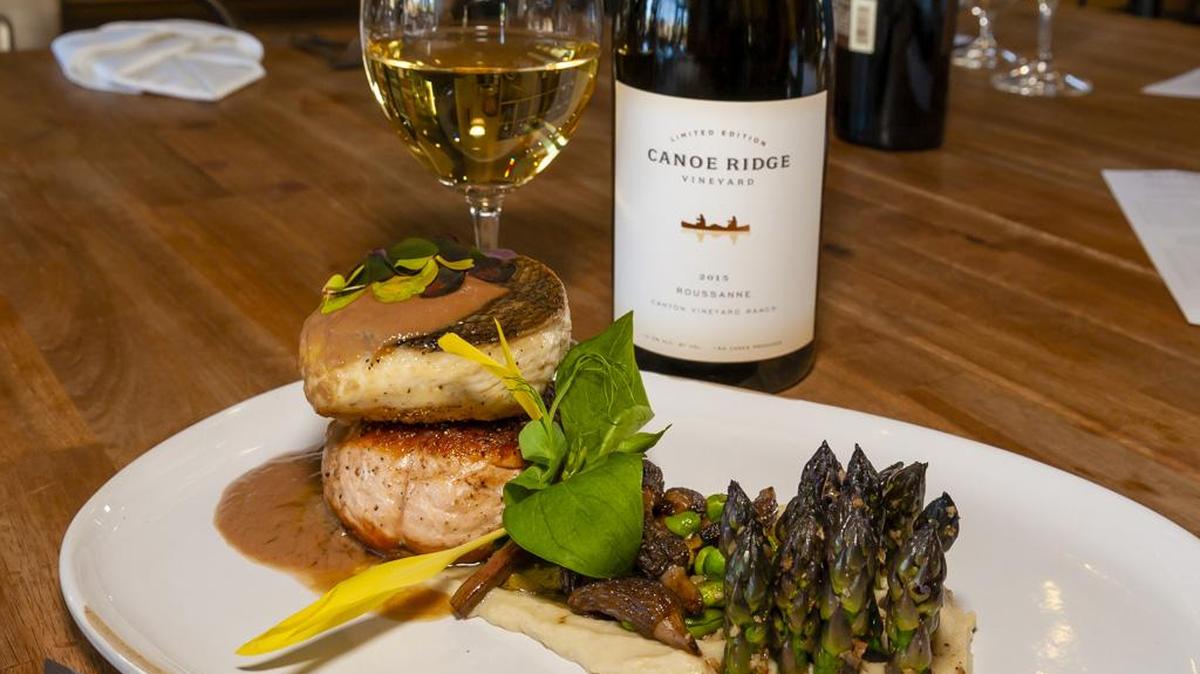 Asparagus and Two King Duo, prepared by Precept Wine corporate chef Sierra Grden, is served with the Canoe Ridge Vineyard 2015 Canyon Vineyard Ranch Limited Edition Roussanne.