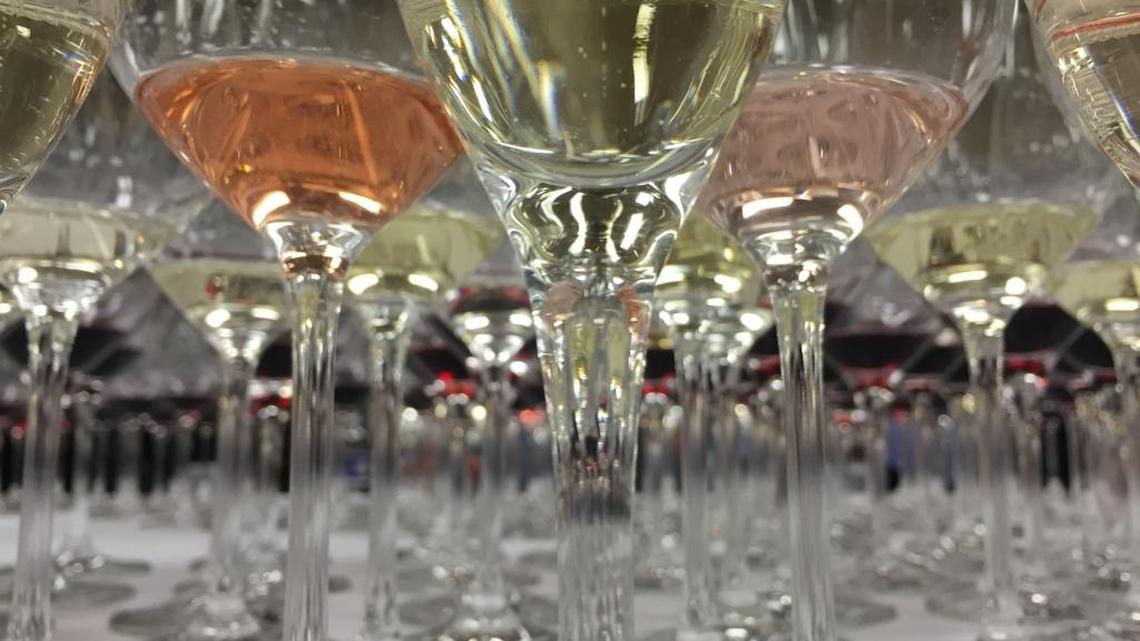 A forest of glasses await to be tasted during the San Francisco Chronicle Wine Competition in Cloverdale, Calif.